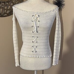 Off Shoulder White Sweater Front X Lace Up